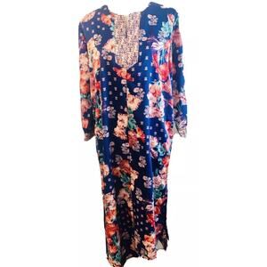 Miss Elaine Women’s Size Small‎ Blue Pink Floral Robe Kaftan Long Mumu 1/4 Zip